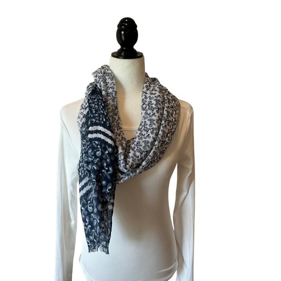 Blue White Paisley Pattern Scarf 70in Striped Frayed Edge Head Wrap Hijab Cruise - Picture 5 of 8
